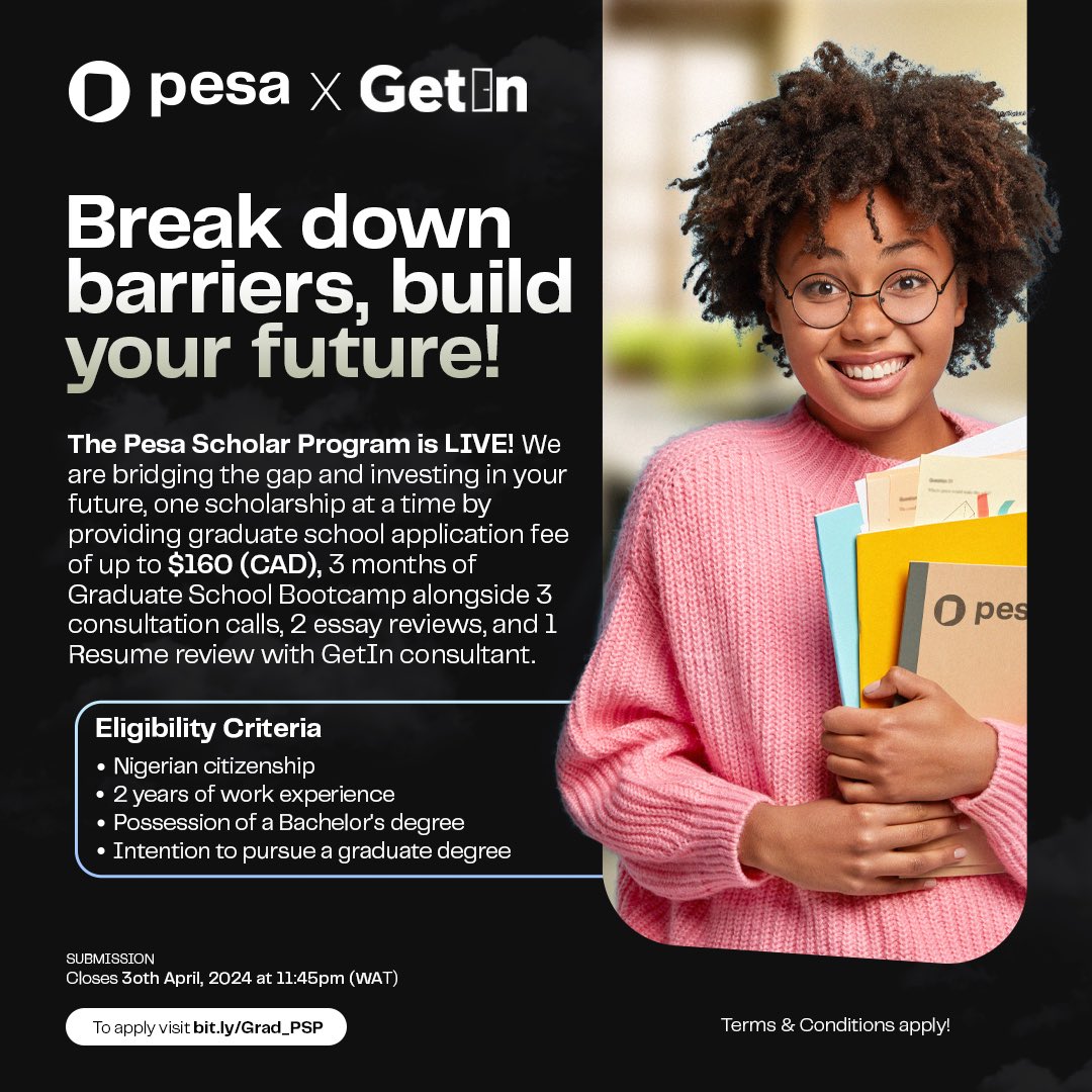 Applications Closing Soon for The Pesa Scholar Program in 12 Days! 🔉🔉🔉

Apply now & chase your study abroad dreams. Stand a chance to get our gradschool boot camp for free as well as other amazing benefits by Applying for the PESA Scholars Program!

The Program aims to enable