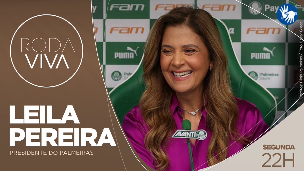 O #RodaViva recebe na próxima segunda-feira (22) a presidente da Sociedade Esportiva Palmeiras, @leilapereiralp. Com apresentação de @veramagalhaes, disponível às 22h, na Cultura, site da emissora, app Cultura Play, X, YouTube, Tik Tok e Facebook. #TVCultura #Palmeiras