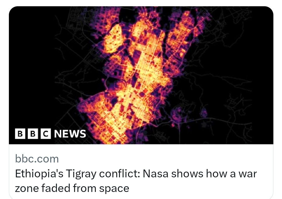 'Ethiopia's Tigray conflict: Nasa shows how a war zone faded from space'  #BBC_2022 #NeverForget #accountability #NoJusticeNoPeace 
#TigrayGenocidalWar
#TigrayGenocide @UNOCHA @UNHumanRights @IntlCrimCourt @UNGeneva @EUatUN @EU_Commission @JosepBorrellF @amnesty 
@BBC