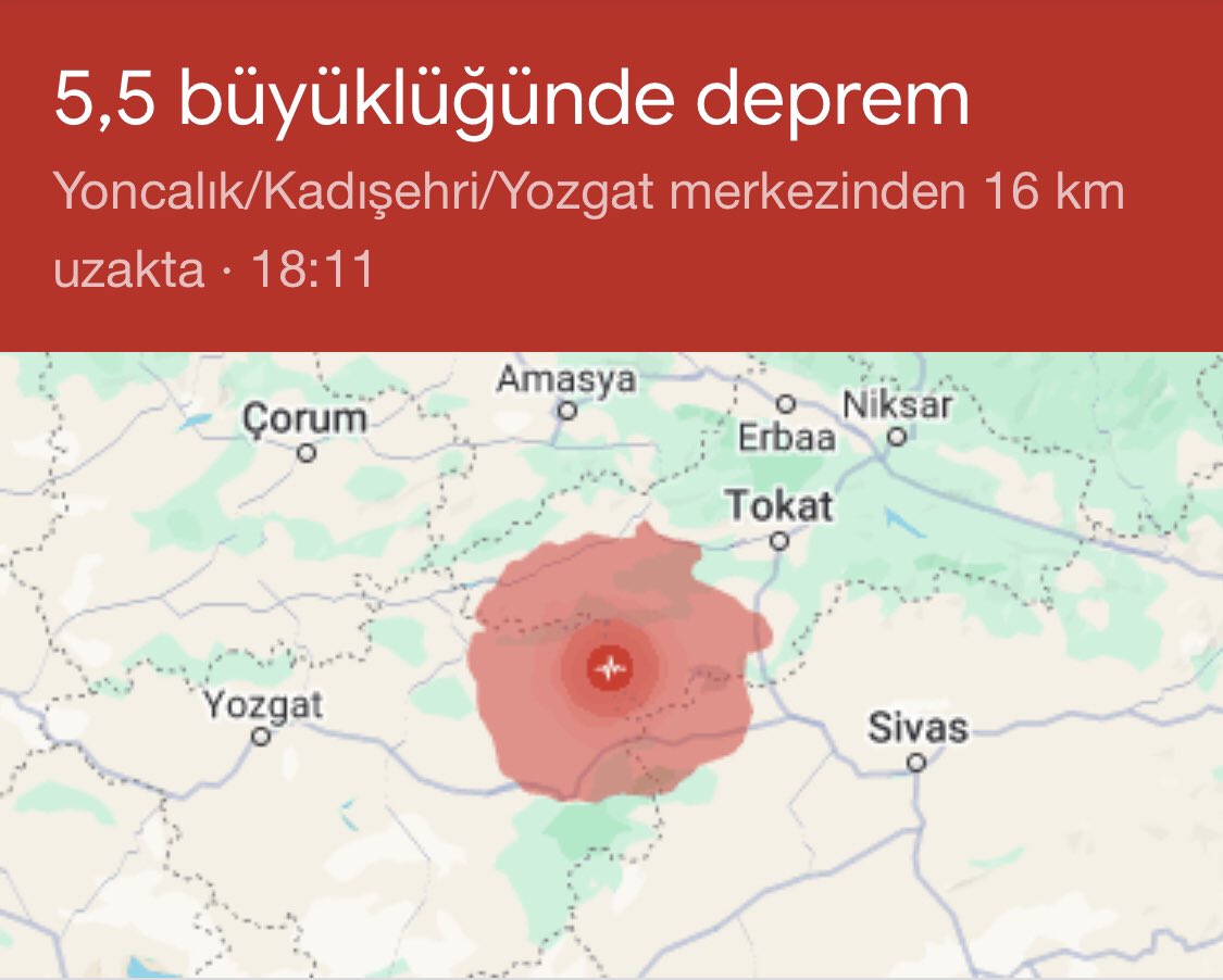 Tokat'ta 5.6 büyüklüğünde deprem oldu.