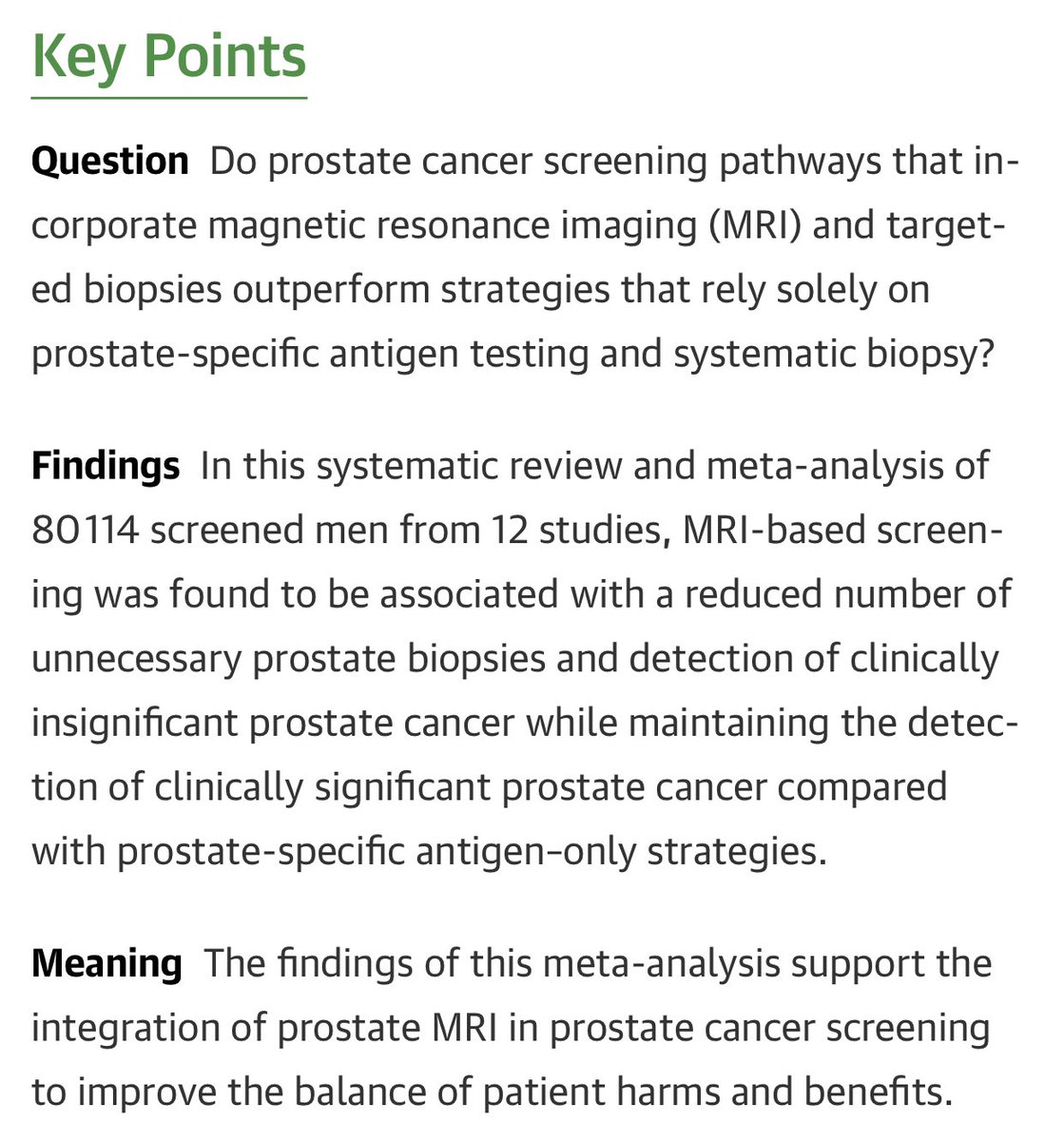 Integrating MRI in PCa screening pathways is associated with a reduced number of unnecessary biopsies and overdiagnosis of insignificant PCa while maintaining csPCa detection as compared with PSA-only screening. @JAMAOnc #Oncology #MedEd #ProstateCancer #MRI #Cancerscreening