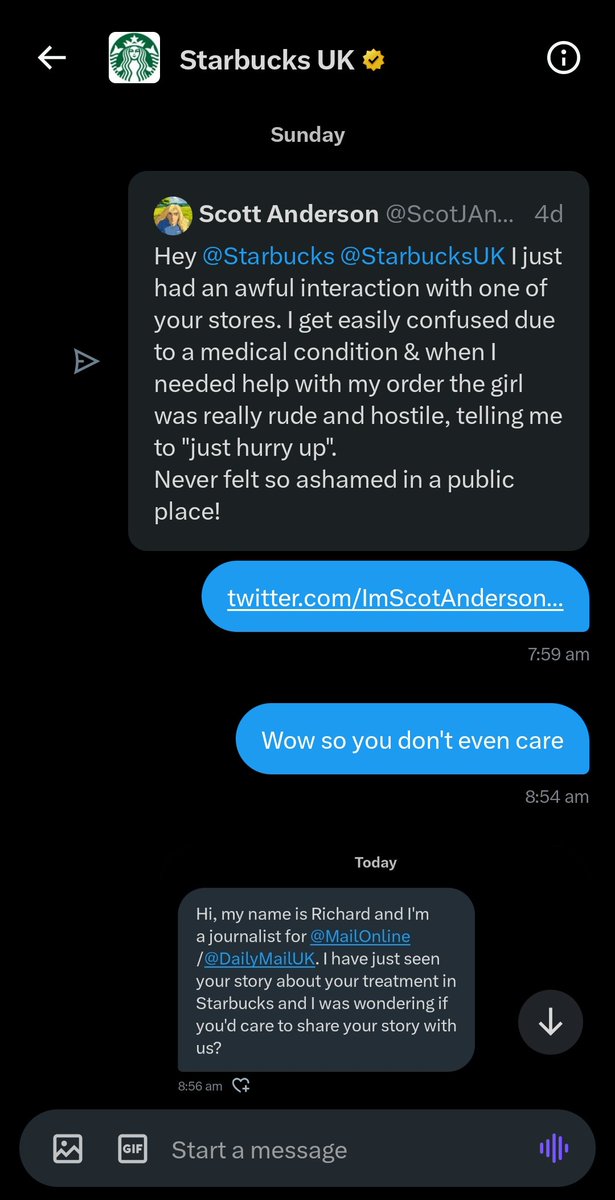ScotJAnderson's tweet photo. @StarbucksUK @KatHendry_ Don't bother @KatHendry_, I tried to complain about them mistreating me and my disability 4 days ago and I was ignored https://t.co/l0YtSJYN6G