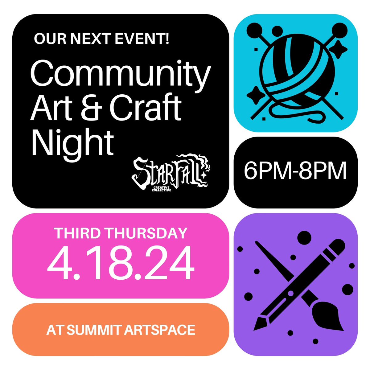 Join Starfall Collective at Summit Artspace tonight at 6 pm for Community Art & Craft Night. Bring a project, activity, or sketchbook & get creative with other cool, creative people. #downtownAKR #trysomethingNew #artsAndCrafts #Akron