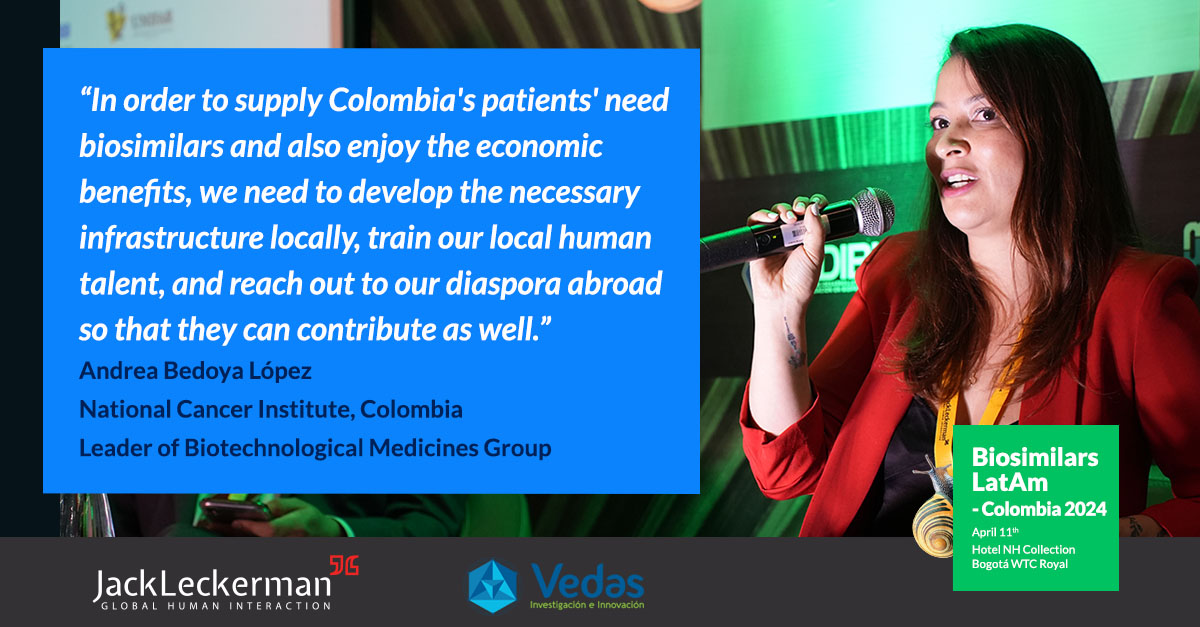 #BiosimilarsLatAm - #Colombia2024 Andrea Bedoya stressed the importance of developing local infrastructure, training local talent, and engaging the diaspora abroad to meet the #biosimilar needs of Colombian patients and harness economic benefits. @INCancerologia @VEDASCII