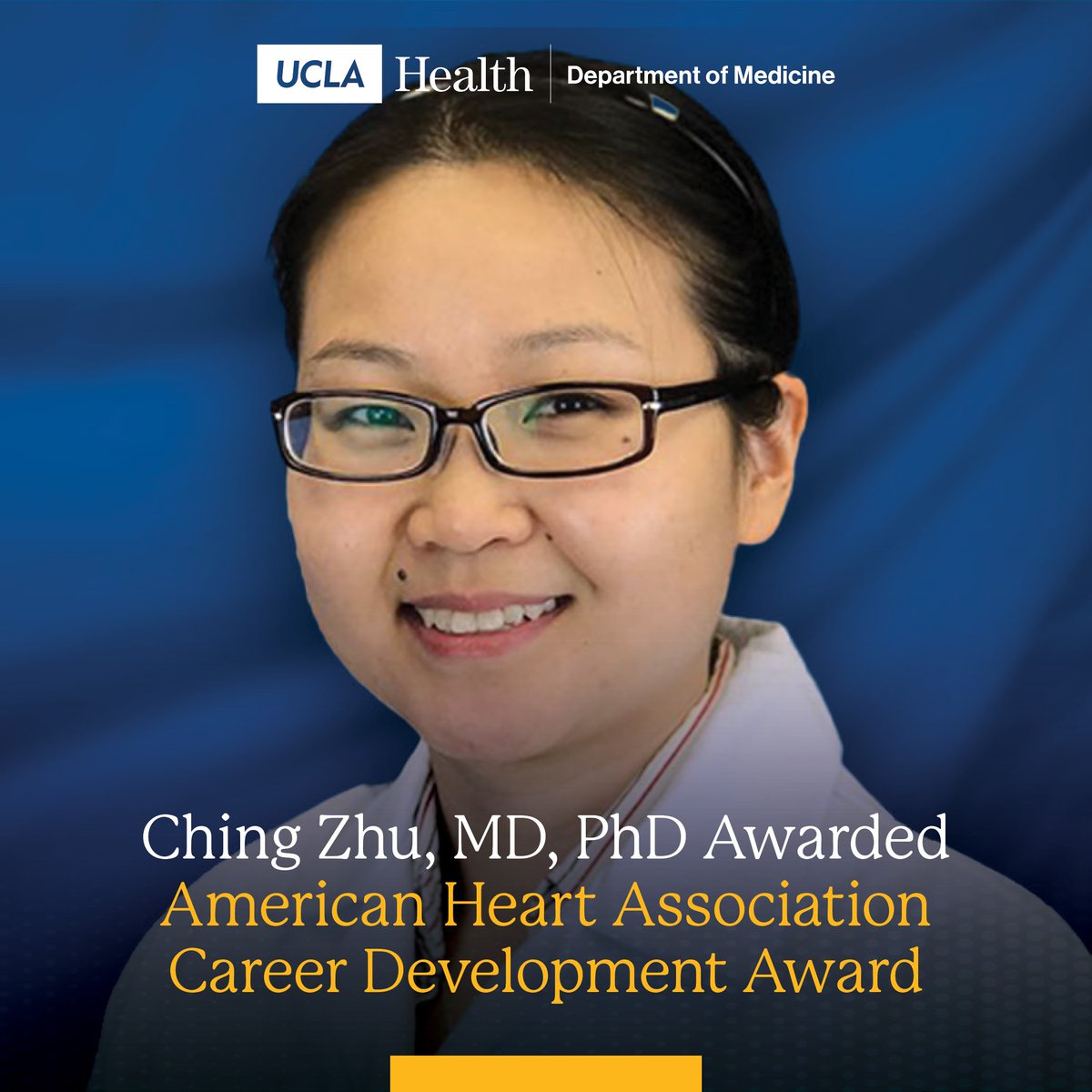 Congratulation to Dr. Ching Zhu, awarded an @American_Heart Career Development Award! Her research on how nerve pattering in the heart muscle influences electrical conduction offers hope for innovative therapies in treating heart rhythm disorders. bit.ly/3xRvbac