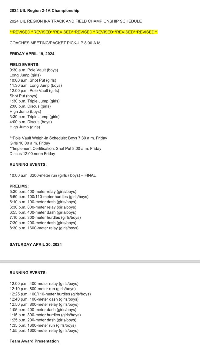 The Regional Track Meet schedule has been adjusted to accommodate for potential weather issues. Please see the revised schedule. @crossplainsisd @Texas1AFan @BigCountrySport