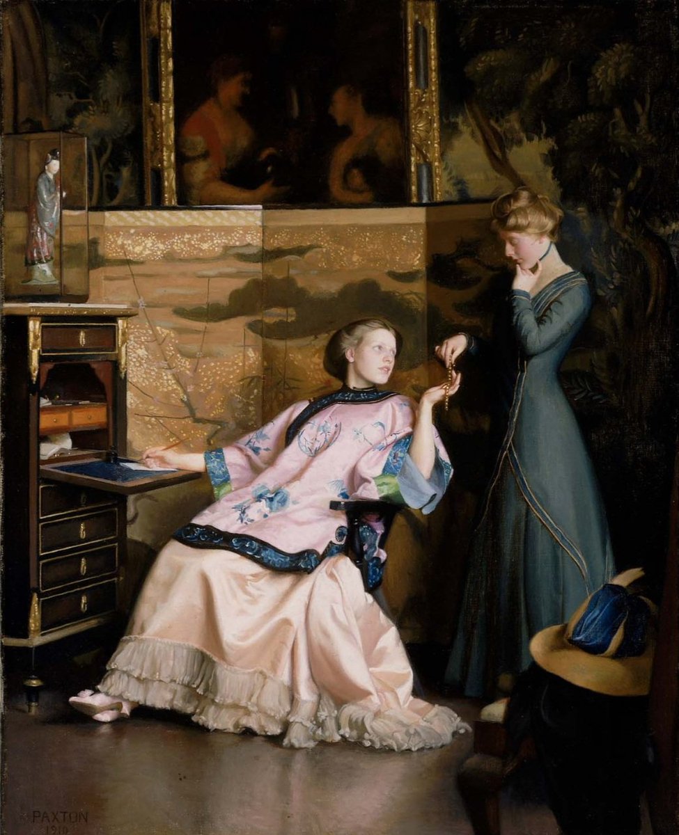 'The New Necklace,' (1910) the women in William Paxton’s finely detailed interiors helped define idealised female roles for upper-class American women at the turn of the 20thC - his career was greatly celebrated for the realistic intimacy portrayed in his work, a style that