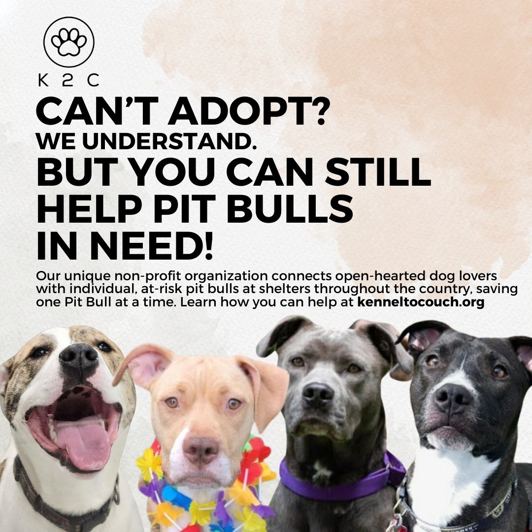 We know not everyone can adopt, but you can still make a difference in the life of a dog in need. Kennel to Couch focuses on getting at-risk pit bulls from the shelter kennel to the couch of a loving home. Learn more at kenneltocouch.org/?utm_campaign=….

#KennelToCouch #PitBullRescue