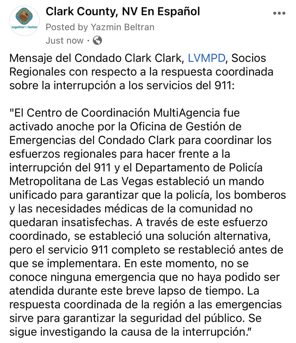 Mensaje importante del Condado Clark Clark, @LVMPD, Socios Regionales con respecto a la respuesta coordinada sobre la interrupción a los servicios del 911 👇