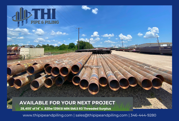 buckmag's tweet photo. Get your projects on the fast track with @THIpipepiling! Our inventory is freshly stocked with 28,400' of 14" x .820w 125KSI MIN SMLS R3 Threaded Surplus  – ready to ship immediately. Don't wait; secure what you need today! 🔗 #PileBuck #StructuralSteel #Piling https://t.co/11R4tQaeft