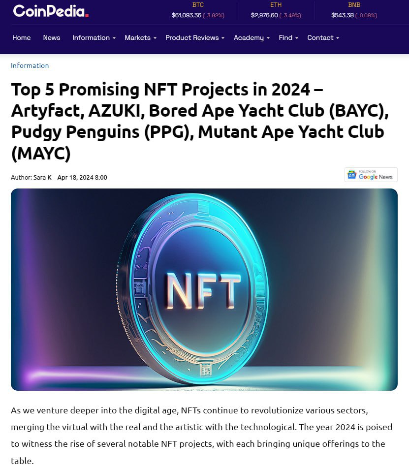 ⚡️ Artyfact is The Most Promising NFT Project of 2024 by CoinPedia!⚡️

🪙 The popular crypto magazine CoinPedia, ranked Artyfact as the number one promising NFT project in their article 'Top 5 Promising NFT Projects in 2024'. We thank their editorial team for their appreciation