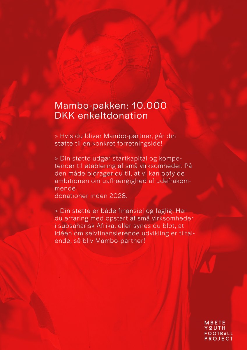 Vores lille udviklingsprojekt i Zambia, <a href="/MbeteYouth/">Mbete Youth Football Project</a>, har vokseværk. Vi bygger fodboldbane og aflønner trænere. Derfor søger vi sponsorer, der deler vores værdier om udviklingsarbejde. Er det dig, din virksomhed, arbejdsgiver eller skole, så skriv via👇🏽

mbeteyouthfootballproject.com/kontakt-1