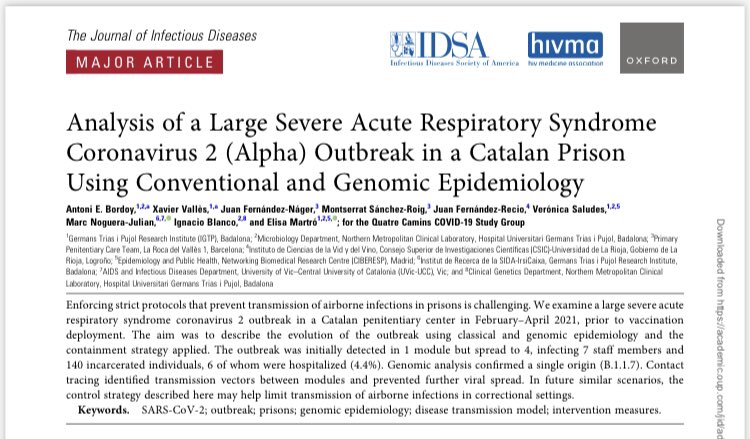 Congratulations @AntoniEBordoy, @xaviervalles, rest of the team and Quatre Camins #COVID19 Study Group!
Thrilling to have carried out this #genomic #epidemiology study of a challenging #SARSCoV2 #outbreak in a prison🧬
@JIDJournal

@GTRecerca @hgermanstrias @icvv_rioja @IrsiCaixa