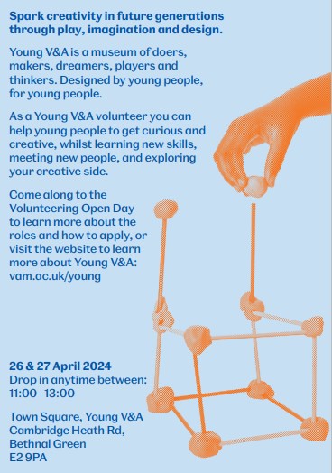Are you 18+ looking for a volunteering role? As a Young V&A volunteer you can help young people to get curious and creative, learn new skills, meet new people and more! Find out more on Volunteering Open Days 26 & 27 April, sign up➡️forms.office.com/Pages/Response… @young_vam #careers
