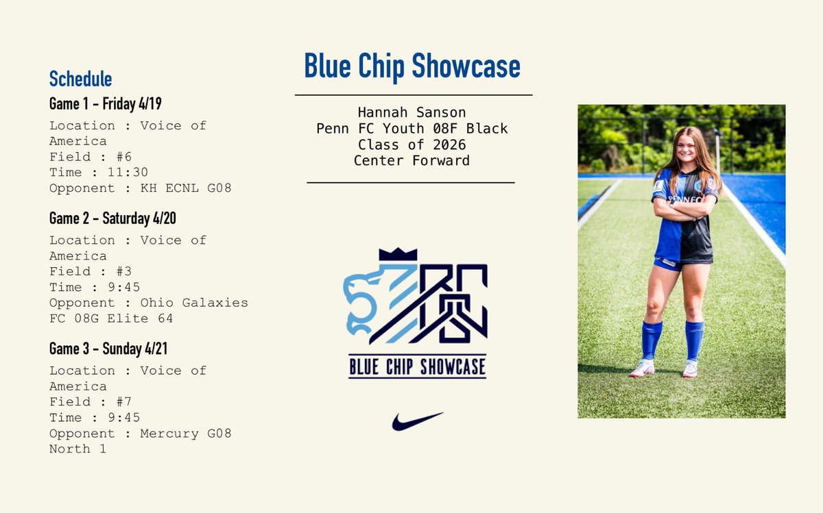 hannah_sanson1's tweet photo. This weekend I will be competing with my team in the Blue Chip Showcase. Let’s go Penn FC!! #BlueChipShowcase #Showcase #PennFC https://t.co/4ByRi2jb4B