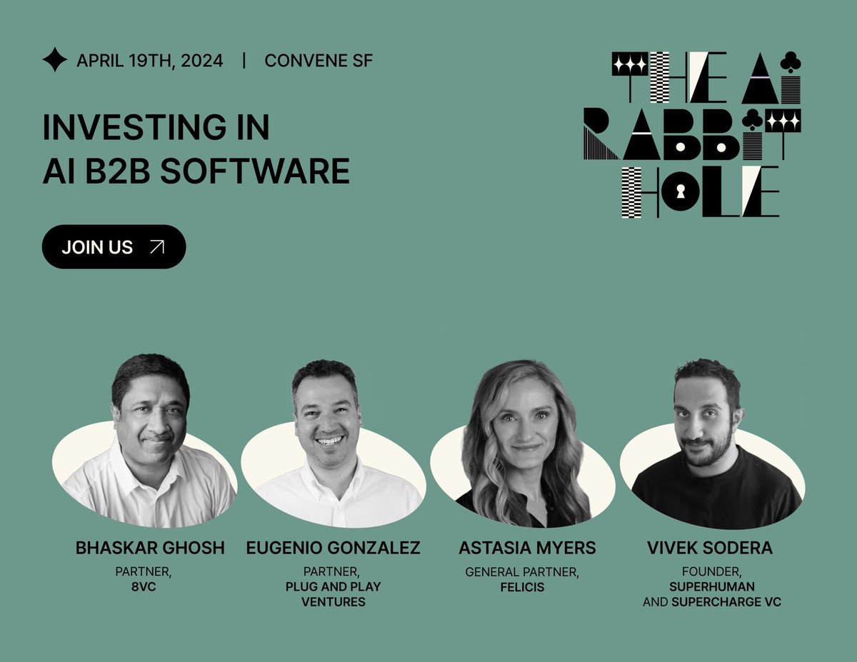 Speaking at The AI Rabbit Hole (madhats.ai) tomorrow re: investing in enterprise AI, with @AstasiaMyers @BGMusings @egonzdp. Should be a fun panel! // With other speakers incl @vkhosla @may_habib @AravSrinivas @matei_zaharia @annbordetsky @timwestergren, & others.