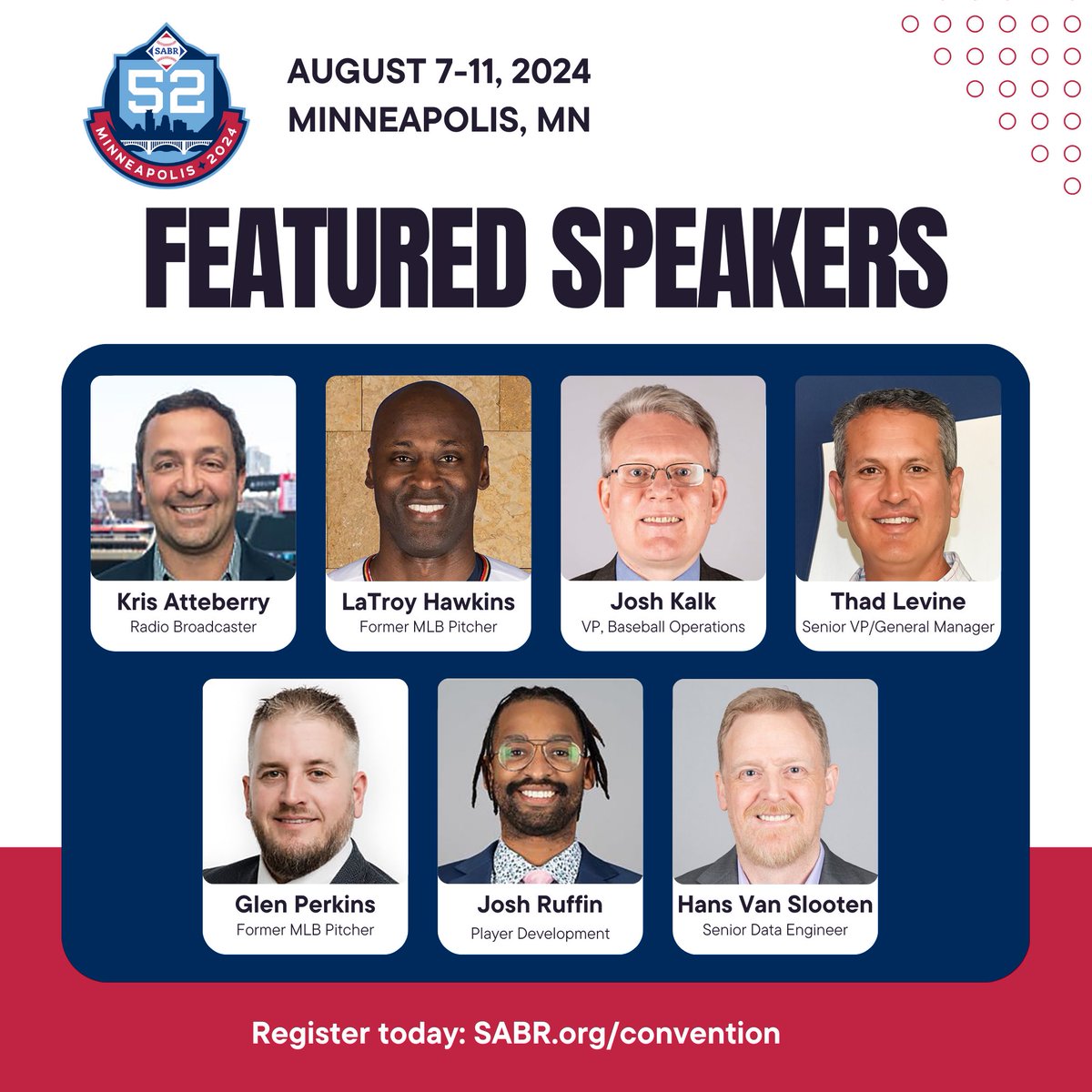 At #SABR52 in Minneapolis, we’re excited to hear from <a href="/Twins/">Minnesota Twins</a> GM Thad Levine, <a href="/glenperkins/">Glen Perkins</a> and <a href="/LaTroyHawkins32/">LaTroy Hawkins</a>, plus  @cantpitch, Josh Kalk, Josh Ruffin, and Kris Atteberry. Hope you’ll join us! sabr.org/latest/sabr-52…