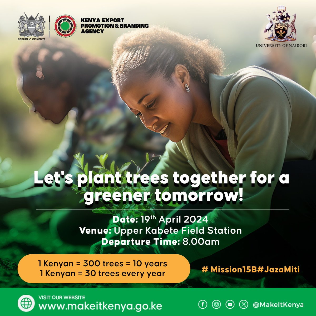 Join @uonbi tomorrow on 18th April 2024 from 8AM for a tree planting exercise tomorrow at the UoN Upper Kabete Campus. This is in a bid to support Kenya's target of planting 15billion trees by 2030. Let's make a difference, one tree at a time. 
#jazamiti #plantingtrees #unctvke