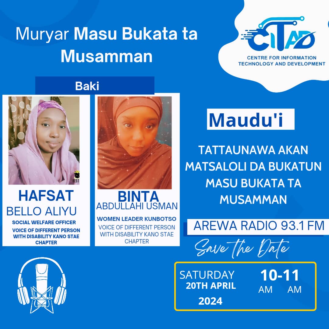 CITAD Online Radio (@citadradio) on Twitter photo We're back with our weekly Radio Program <a href="/ArewaRadio931/">Arewa Radio</a> titled "Muryar Masu Bukata ta Musamman". The program focuses on the challenges PWDs face in d society, & how to find solutions to these challenges & change narratives about PWDs in our societies. TUNE-IN, LISTEN & CONTRIBUTE We're back with our weekly Radio Program <a href="/ArewaRadio931/">Arewa Radio</a> titled "Muryar Masu Bukata ta Musamman". The program focuses on the challenges PWDs face in d society, & how to find solutions to these challenges & change narratives about PWDs in our societies. TUNE-IN, LISTEN & CONTRIBUTE