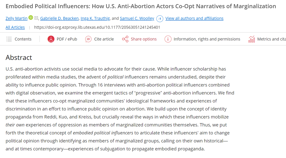 Beyond proud and excited to announce the publication of 'Embodied Political Influencers: How U.S. Anti-Abortion Actors Co-Opt Narratives of Marginalization' in @SocialMedia_Soc with @gdb973, @inga_kris, and Sam Woolley.