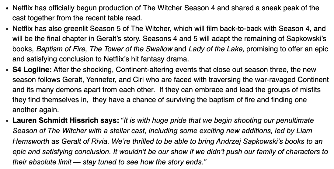 #TheWitcher has started production on Season 4, and been picked up for a fifth and final season, which will film back-to-back with Season 4.
