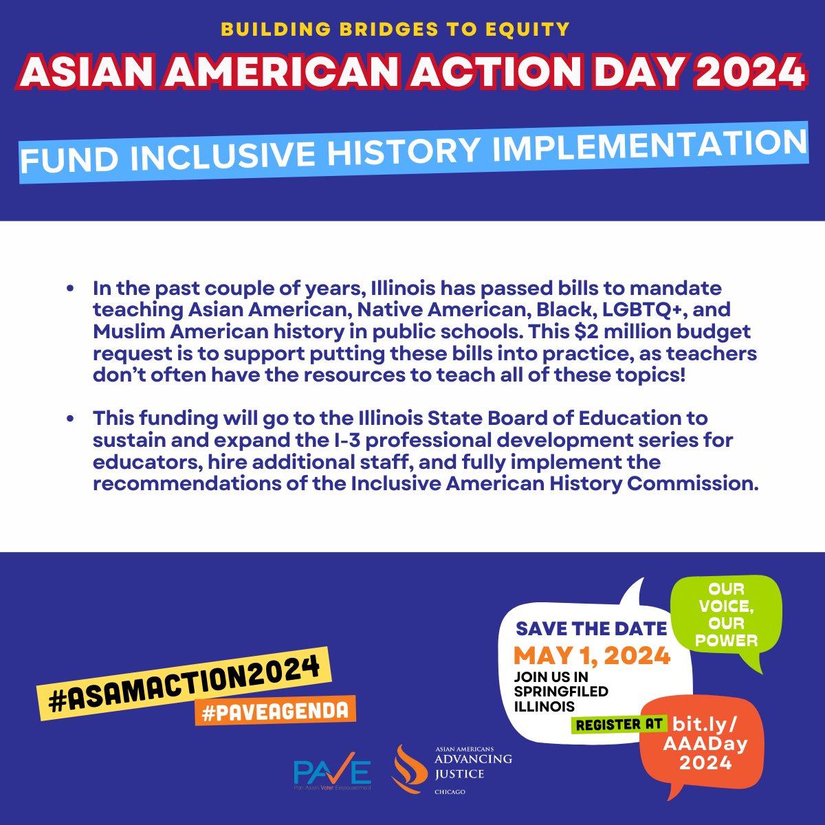 On 5/1, we're bringing OUR VOICE to show OUR POWER this Asian American Action (AAA) Day in Springfield. AAA Day is a way for us to share our personal stories with elected officials and push for our demands! Sign up today at bit.ly/AAADay2024 ✨ #AsAmAction2024 #PAVEAgenda