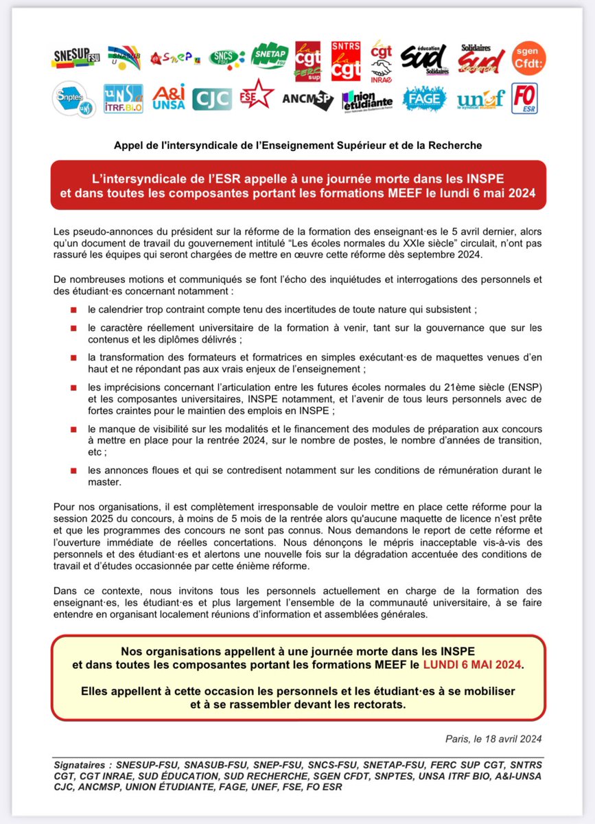 ❌Journée morte ⚰️⚰️ dans les #INSPE et composantes portant les formations MEEF le 6 mai❌ 📢Appel de l’intersyndicale de l’#ESR du 18 avril 2024 👇😡#6maiFDE @AEFsuprecherche @sup_recherche @FranceUniv snesup.fr/article/appel-… #FDE