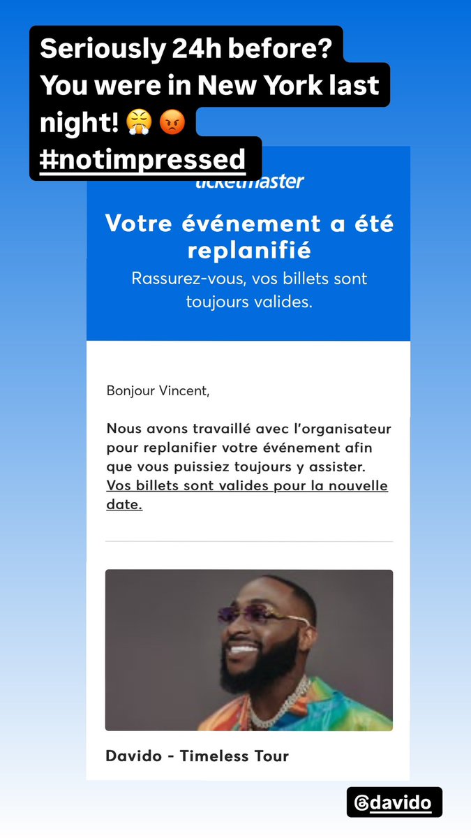 Seriously not expecting that from an artist like Davido! No reason given as to why the show is cancelled in less than 24h when on Wednesday you are performing in New York. It’s less than 2h away from Montreal. #davido #notimpressed #dissapointment