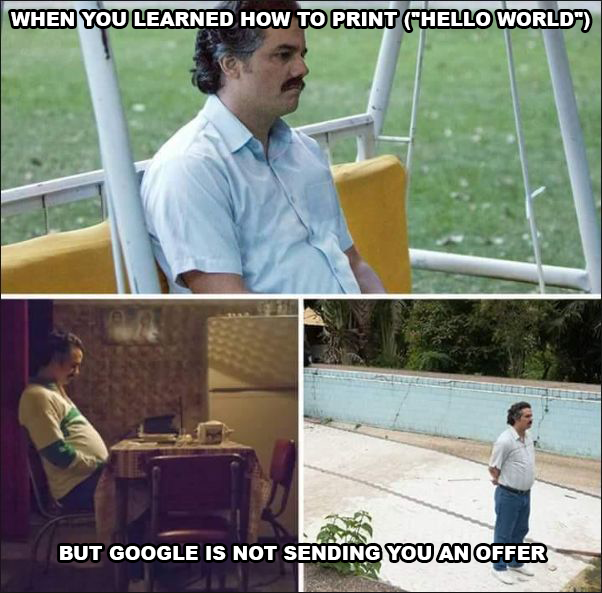 flaccg's tweet photo. Tough life of programmer nowadays...

#thursdayvibes #ThursdayThoughts #Google #programming #humor #Python https://t.co/w162eEm1oI