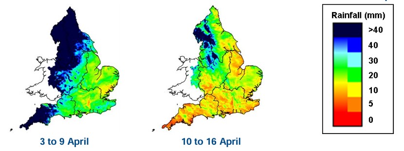 Something of a respite for southern parts of England. Northern areas, however, are seeing an exceptionally wet April.