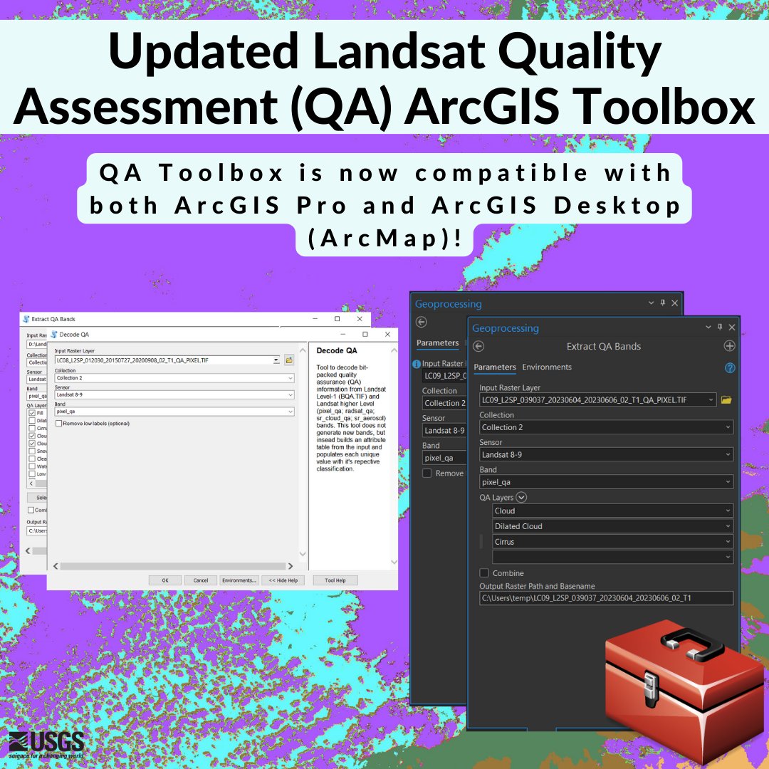 The Landsat Quality Assessment (QA) ArcGIS toolbox 🧰 has been updated! It now is compatible with ArcGIS Pro and now supports Level-3 Dynamic Surface Water Extent (DSWE) QA bands. Learn more about this toolbox and download it here: ow.ly/Nn3o50Rj8PL

#Landsat #USGS #GIS