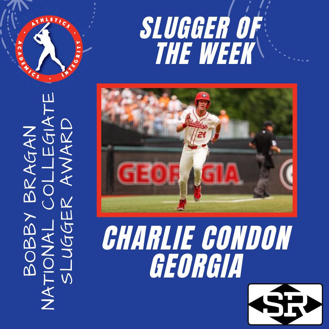 braganslugger's tweet photo. Congratulations to Charlie Condon for another Slugger of the Week win! Charlie posted a slash line of .647/.696/1.412.  In four games against Kennesaw St and Missouri, Condon posted a list leading 11 hits, notched 10 RBI and scored 9 runs. @CharlieCondon14 @BaseballUGA https://t.co/Od2WR4jVcB