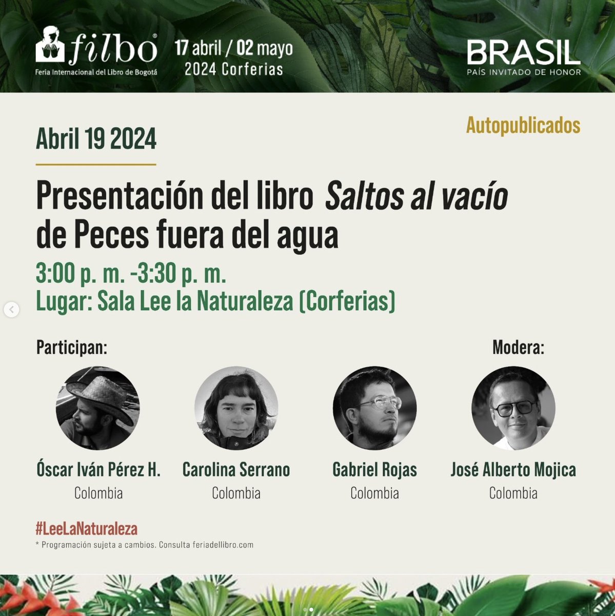 El docente de nuestra Facultad, Gabriel Rojas, estará presentando su libro 'Saltos al vacío' de Peces fuera del agua en la <a href="/FILBogota/">FeriadelLibroBogotá</a> 📚

¡Les esperamos!