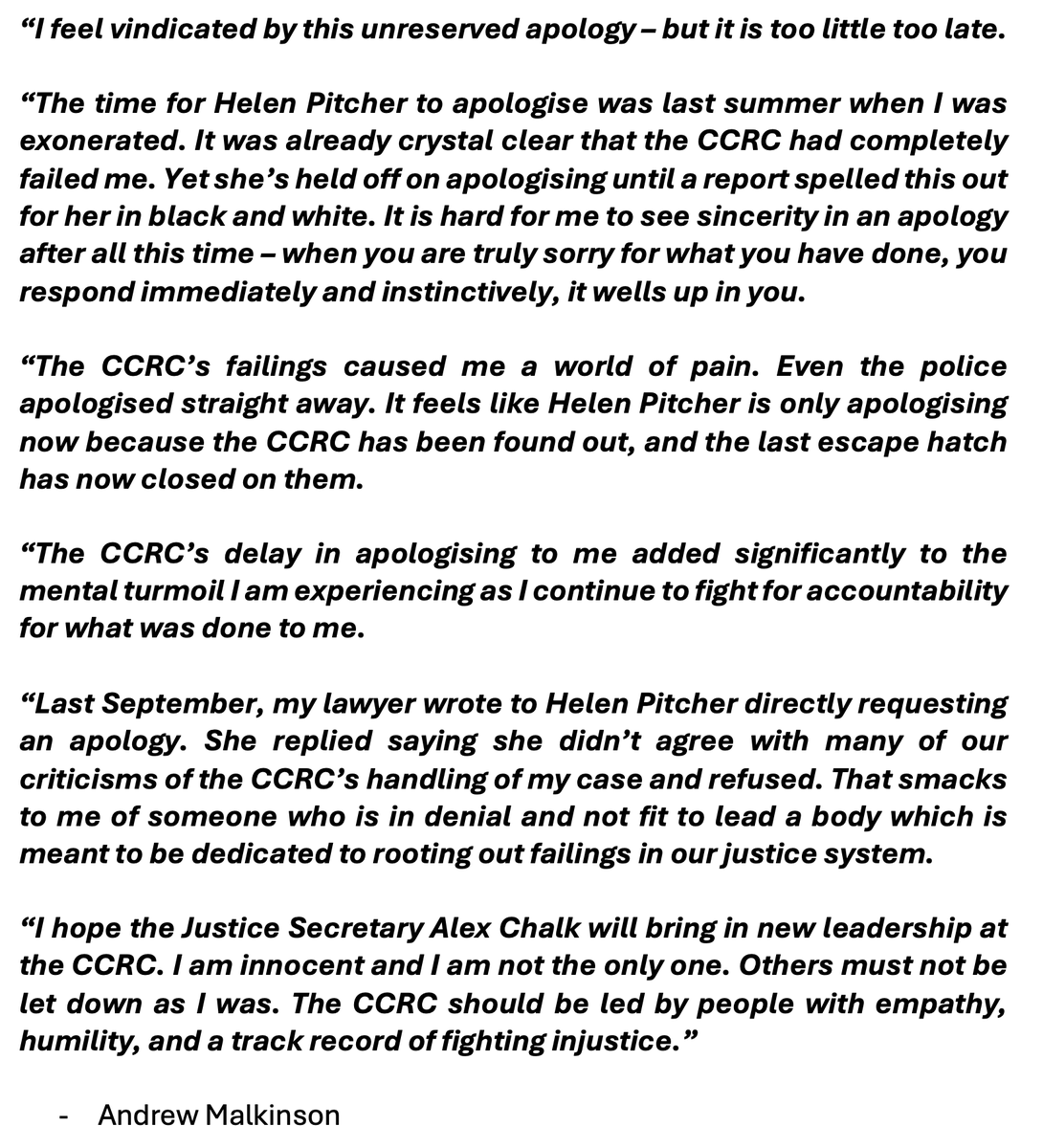 BREAKING:

Andrew Malkinson's response to Criminal Cases Review Commission Chair Helen Pitcher's offer of an unreserved apology: