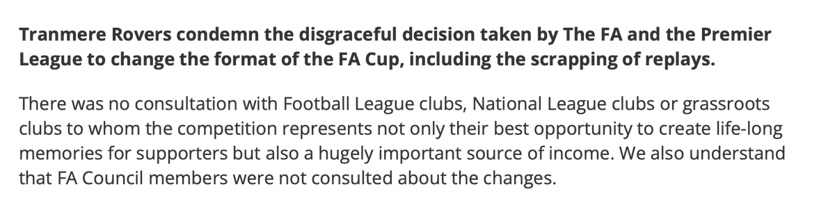 Good on Tranmere Rovers for an unequivocal statement against scrapping FA Cup replays. No idea how the changes can stand if EFL, National League & grassroots clubs nor FA Council members were consulted as stated. Need more clubs & orgs to follow suit. tranmererovers.co.uk/news/2024/apri…