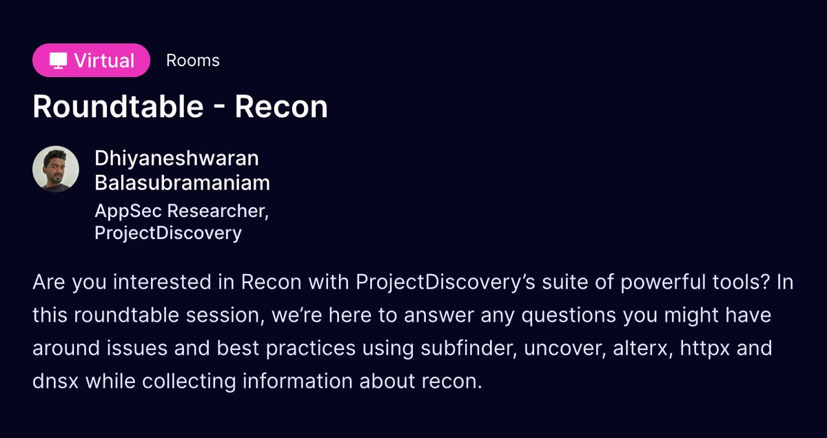 I'll be hosting a Roundtable - Recon in #HardlyStrictlySecurity conference on April 25 ! by <a href="/pdiscoveryio/">ProjectDiscovery</a> 

There's still time to register for free and to join us: hardlystrictlysecurity.io/registration

#recon #bugbounty #pdteam #infosec