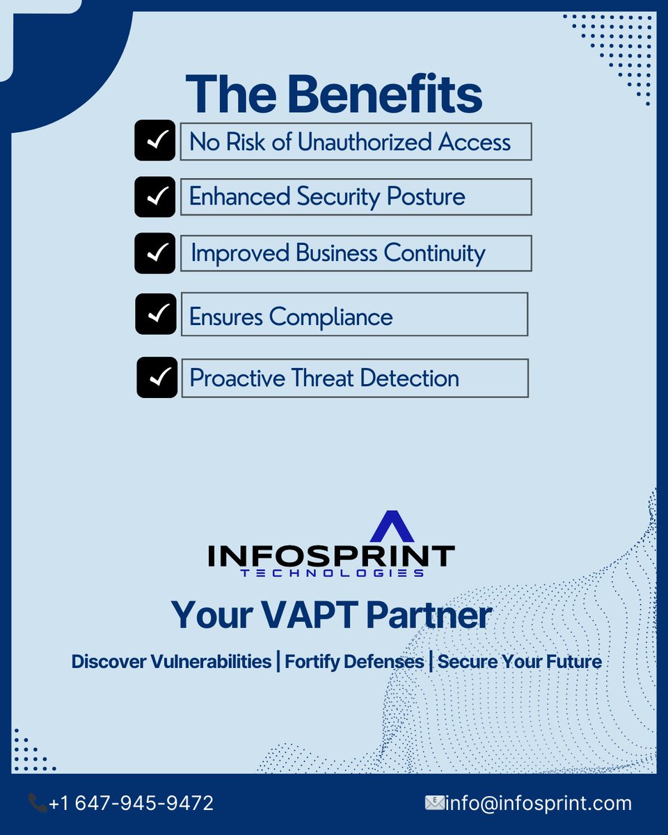 71% of businesses faced #cyberattacks in 2023. 
Don't be next. Get a security checkup & protect your business with Infosprint's #VAPT.
•Reduced Risks
•Enhanced Security
•Improves Continuity
•Threat Detection

Secure Your Business Today!
#cybersecurity #CyberSecurityAwareness