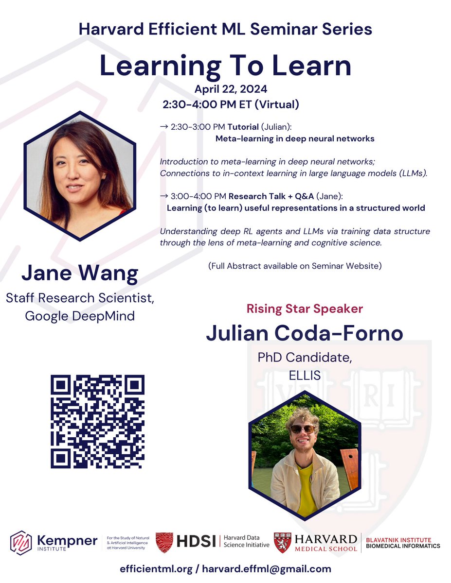 schwarzjn_'s tweet image. 🚨Announcing the next Harvard #efficientml seminar on Learning to learn, featuring @janexwang and 
Rising Star @juliancodaforno ! 🧠

➡️ April 22, 2:30 ET

📅Registration: tinyurl.com/yyzt9c96
🔗 Website:  efficientml.org

@harvard_data @HarvardDBMI @KempnerInst