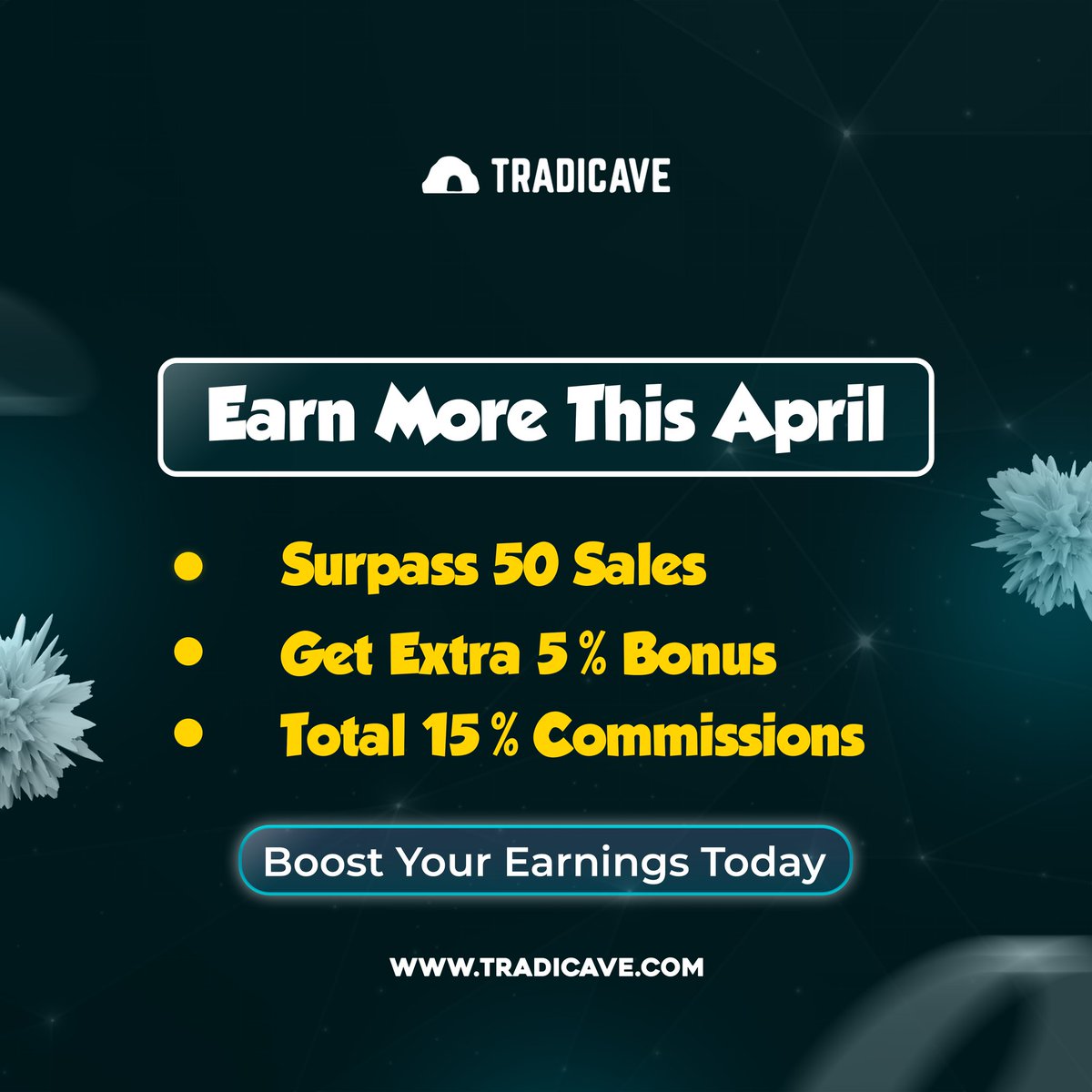 Ready to rocket your earnings this April🚀 Surpass 50 sales with Tradicave and unlock an extra 5% bonus on top of your total 15% commissions! 💰 Don't miss out on the opportunity to boost your earnings today! 💥 Join Now👇 tradicave.com/affiliate-regi… #tradicave #propfirm