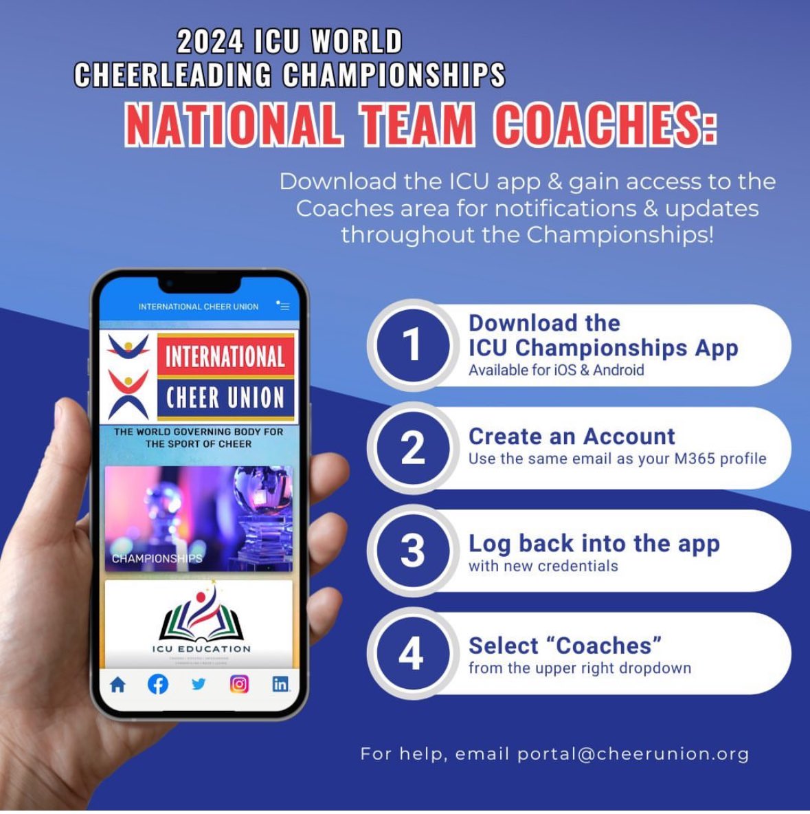 📣 Attention all NATIONAL TEAM COACHES attending the 2024 ICU Junior World & World Cheerleading Championships: Be sure to download the ICU Championships app for access to the Coaches' notifications & updates! For help or troubleshooting, email portal@cheerunion.org