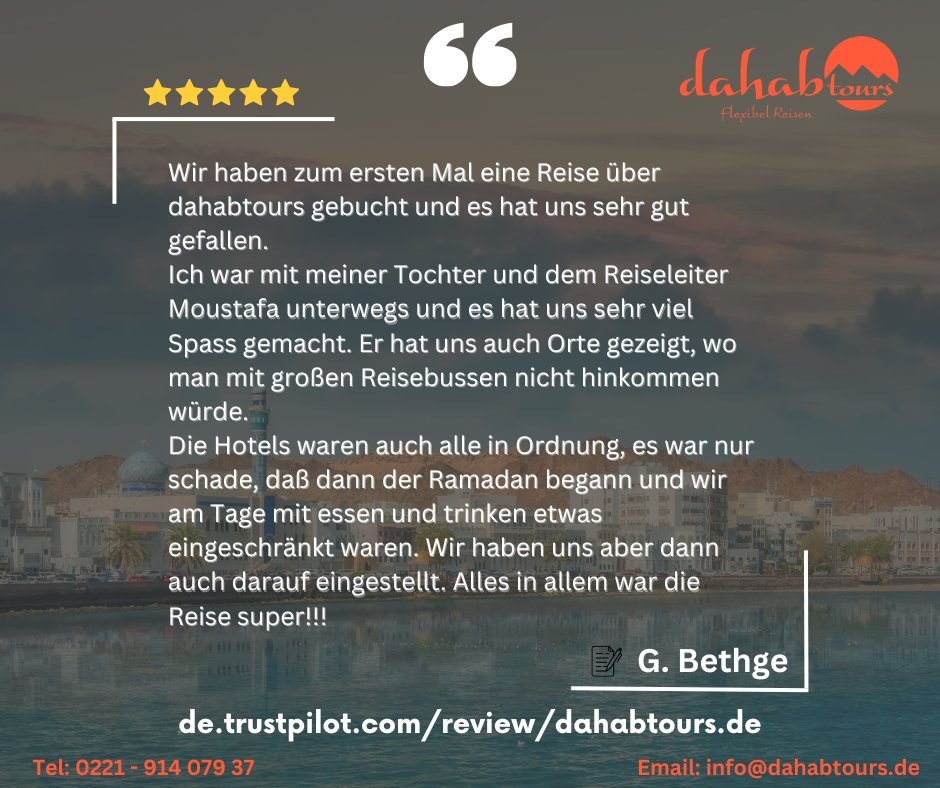 Dahabtours's tweet photo. 📷 Neues Feedback: Reise in den Oman 🇴🇲
https://t.co/oq5MRIeKVT

Weitere Informationen:
https://t.co/vGrjEJzoYr

Kontaktieren Sie uns unter:
📷 Telefon: 0221 - 914 079 37
📷 E-Mail:  info@dahabtours.de
📷 Webseite: https://t.co/e3hDEVFd2h

Ihr dahabtours-Team https://t.co/OeqTDOmR9E