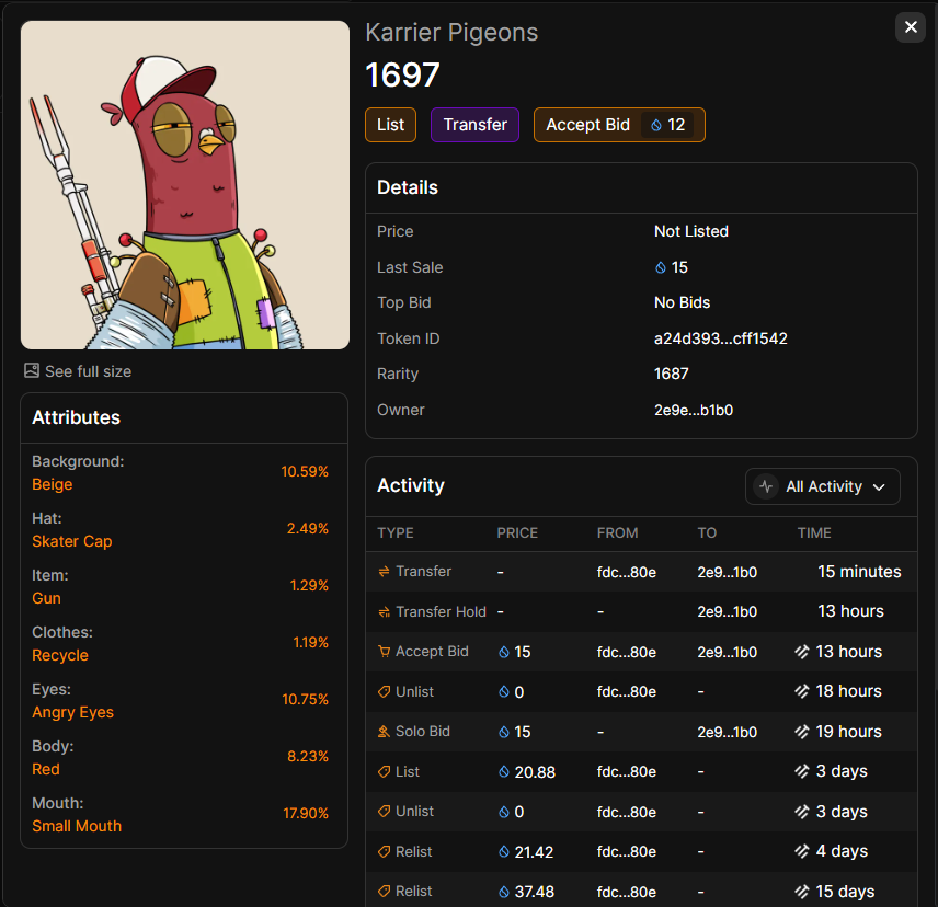 0xJosha's tweet photo. 🔫I sniped it by bid 15 $Sui @karrier_one
Pigeons #1697 🕊️ top 20% 
Average sale price of NFTs rarity tier : 27.15097 $SUI
▄︻デ══━一🐦#Tradefest @ThinkSui https://t.co/d8t5cggrWo