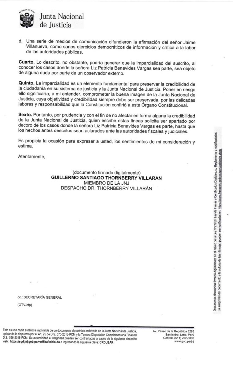 El Dr. Guillermo Thornberry pide inhibirse por decoro, por ser parte de una investigación junto con la Dra. Patricia Benavides, o sea por ser juez y parte, pero la @JNJPeru lo obliga a participar contra su voluntad, pese al conflicto de intereses.