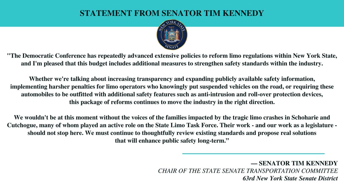 Under @AndreaSCousins, the Democratic Conference has repeatedly advanced extensive policies to reform limo regulations within New York. I'm pleased that this budget will include additional measures to strengthen safety standards within the industry. My full statement here: