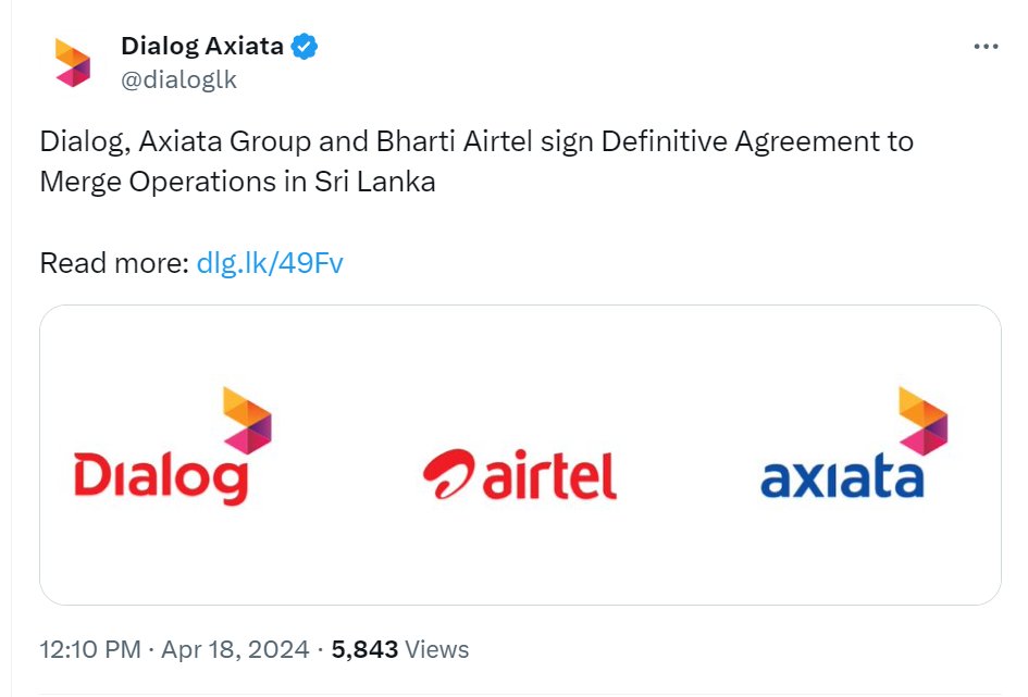 Dialog Axiata, has signed a definitive agreement to buy Bharti Airtel's, operations in the island, nearly a year after the merger was announced. 

⭕️The acquisition will be executed through a Share Sale Agreement (SSA), with DIAL issuing 952,694,689 (10.355%) ordinary voting