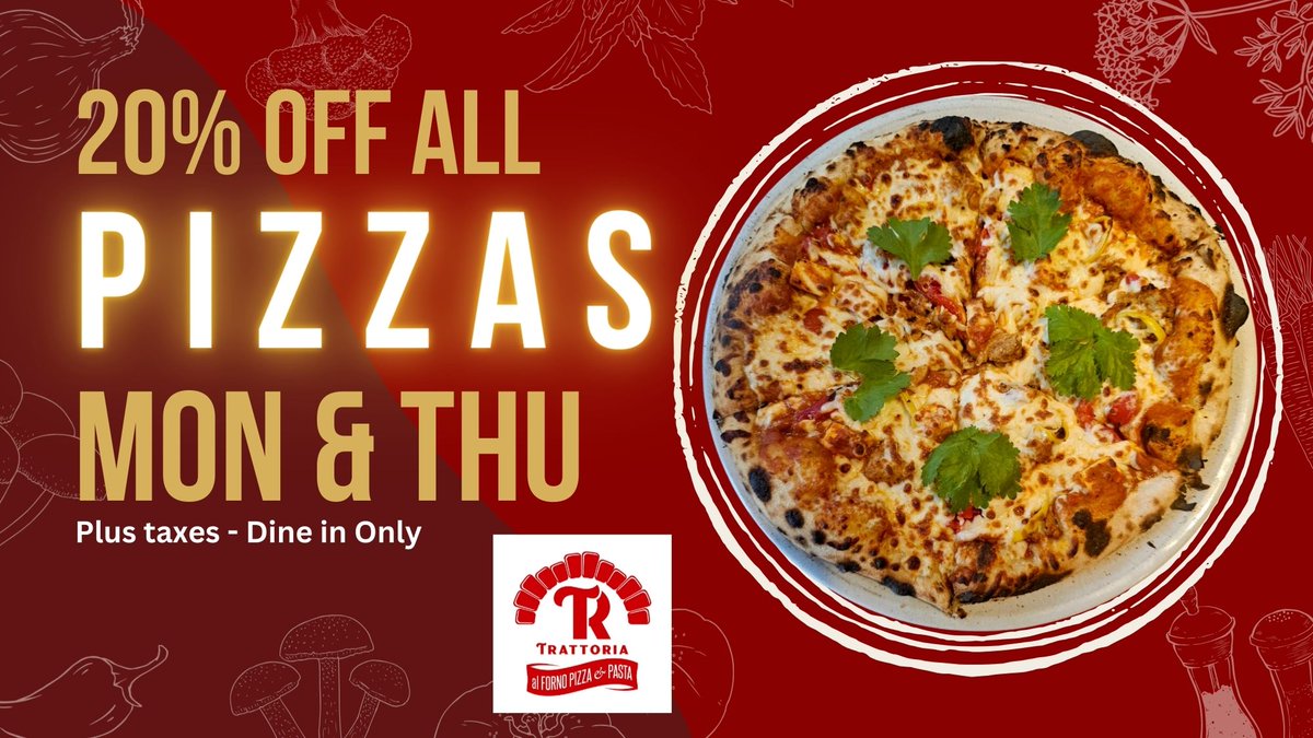 TRTrattoria's tweet photo. It's double down day! 20% off all Pizzas AND 50% off Wings with the purchase of a beverage. Dine in only. We open at 4 pm on Thursdays. See you soon! https://t.co/Uqe317EpF6