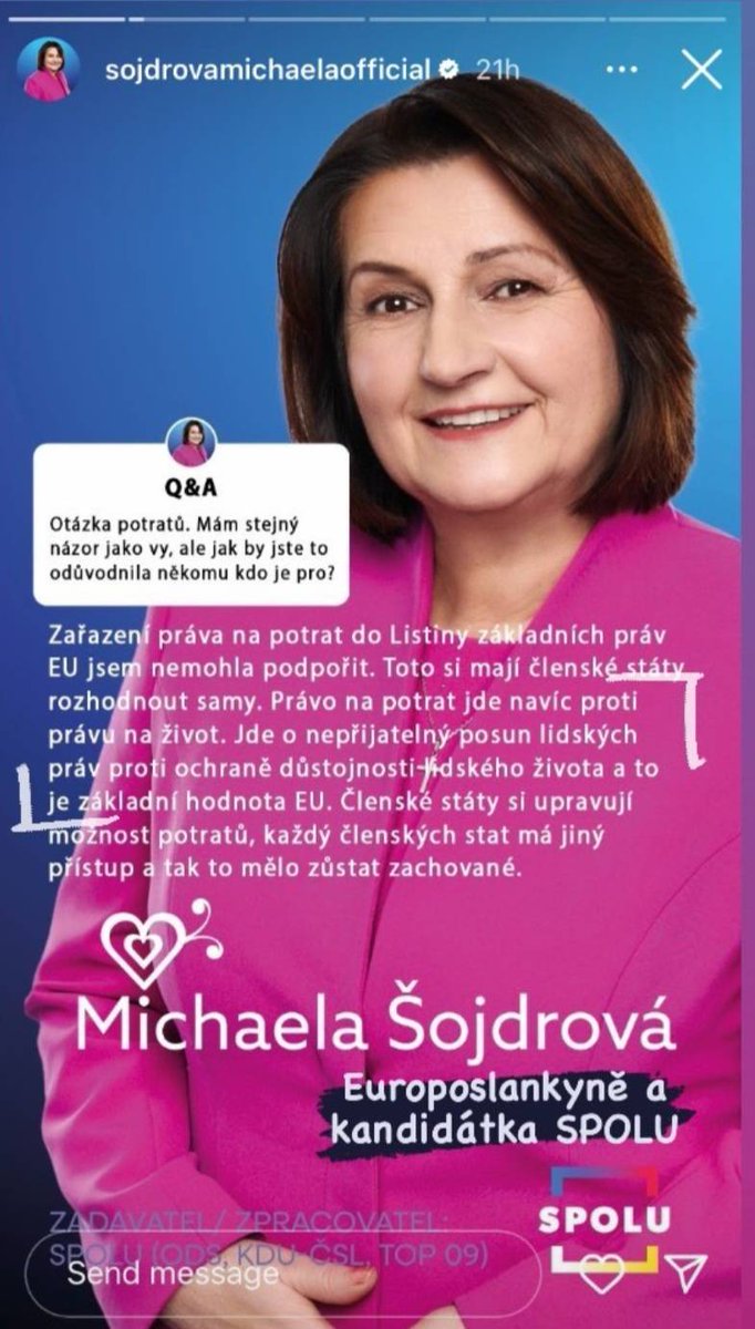 Hlas pro kandidátku SPOLU je hlasem i pro lidi jako @msojdrova, která brojí proti svobodné možnosti žen jít na potrat. Paní europoslankyně už to teda smazala, ale i tak je dobré znát pravdu. Středověk už jsme překonali, netřeba návratu.