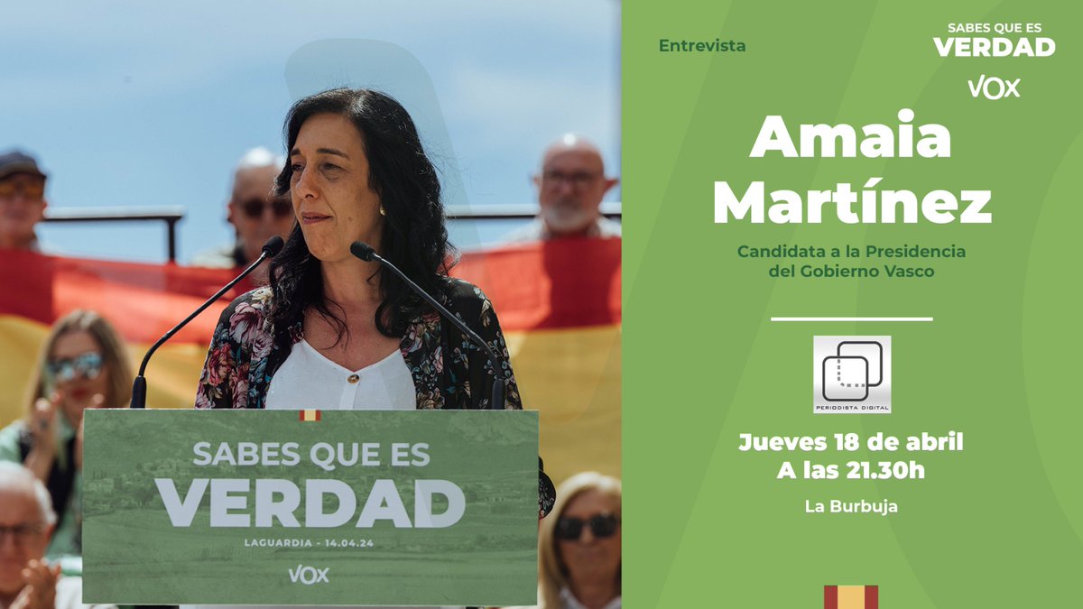 📺 Hoy jueves 18 de abril, nuestra candidata a la Presidencia del Gobierno Vasco, @AmaiaMartinez17, será entrevistada en el programa 'La Burbuja' de @periodistadigit. ▶️ Podrás ver la entrevista en directo a partir de las 21.30h aquí: periodistadigital.com