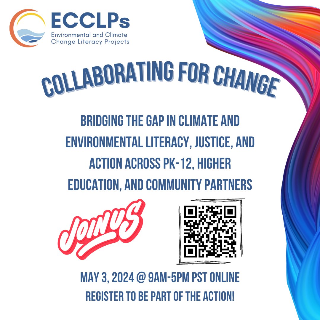 Participate in a day of immersive experiences with remarkable presenters and speakers engaging directly with students, teachers, and community members from 9 am to 5 pm PST virtually on May 3, 2024! Sign up at ecclps.vfairs.com @ECCLPs #ClimateEducation #ClimateAction #SEL