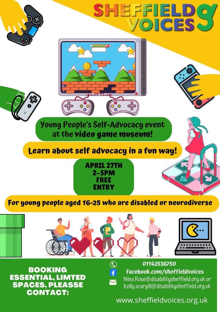 Calling all 16-25 year olds! Join us at our Young People's Self Advocacy group on April 27th, 2-5pm @nvmuk Event includes free entry. Discussions about disability access, chance to play games and have fun @ShefParentForum @acctsheffield @sheffcol @opportunityshef @bentsgreensch